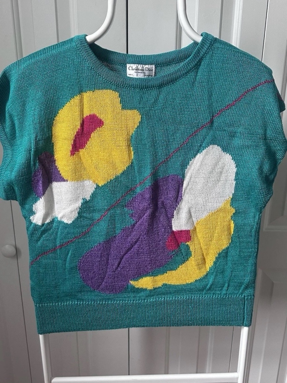 Vintage Christian Dior Floral Design Women’s Short-Sleeve Sweater Size L